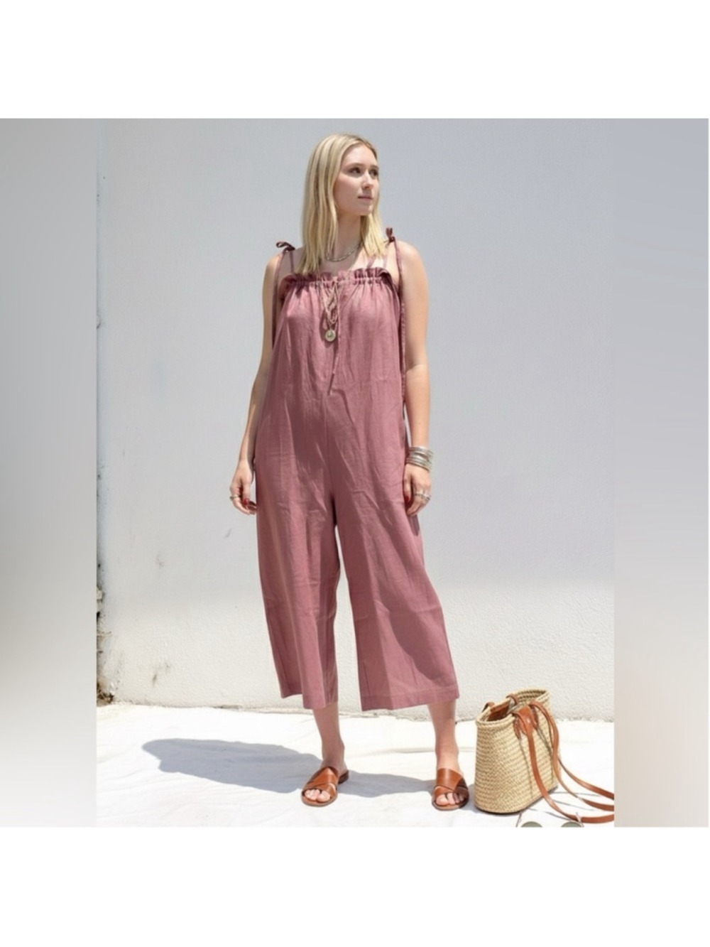 NEW A Bronze Age Ruby 100% Linen Rose Pink Wide Leg Cropped Jumpsuit Size S